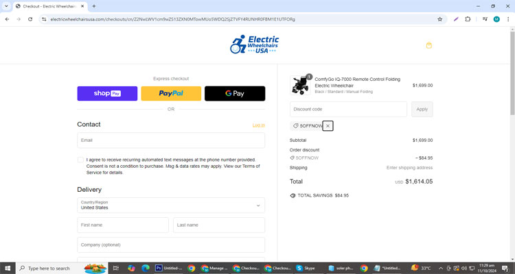 A screenshot of electric wheelchairs usa checkout page of working coupon code 