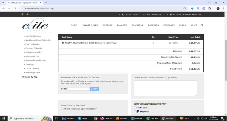 A screenshot of Elite Jewels checkout page of working coupon code 