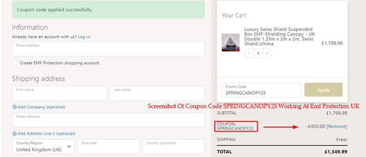 A screenshot of emf protection uk's checkout page showing a working coupon code