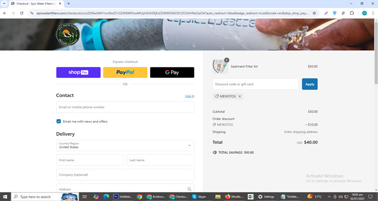 A screenshot of Epic Water Filters checkout page of working coupon code 