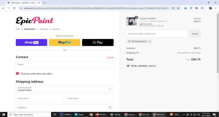 A screenshot of Epicpaint checkout page of working coupon code 