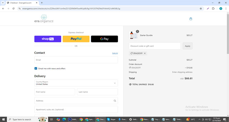 A screenshot of Era Organics checkout page of working coupon code 