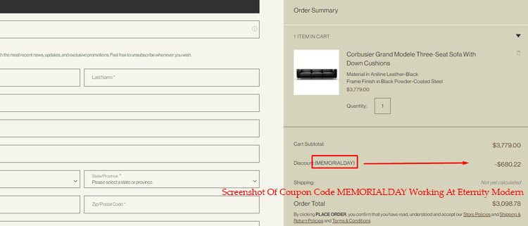 A screenshot of eternity modern's checkout page showing a working coupon code