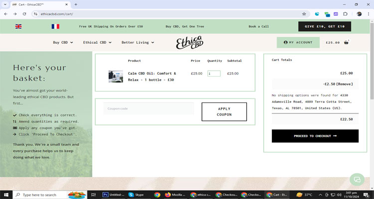 A screenshot of Ethicacbd checkout page of working coupon code