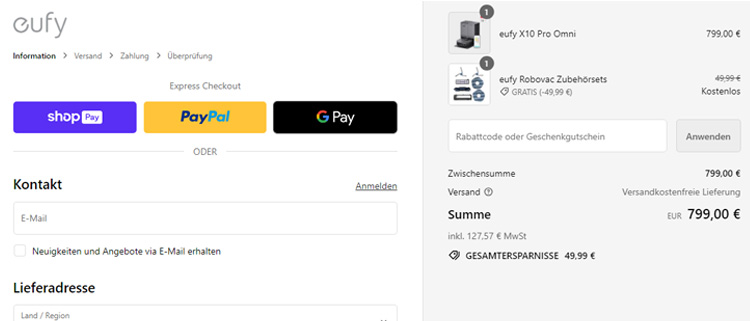 A screenshot of eufy de checkout page showing a working coupon code 