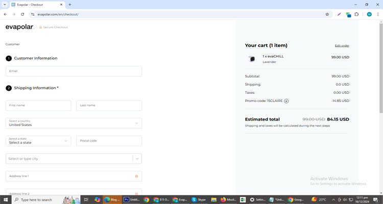 A screenshot of Evapolar checkout page of working coupon code 