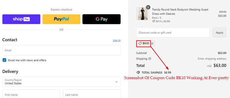 A screenshot of ever-pretty's checkout page showing a working coupon code