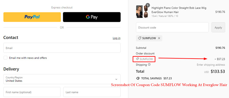 A screenshot of everglow hair checkout page showing a working coupon code