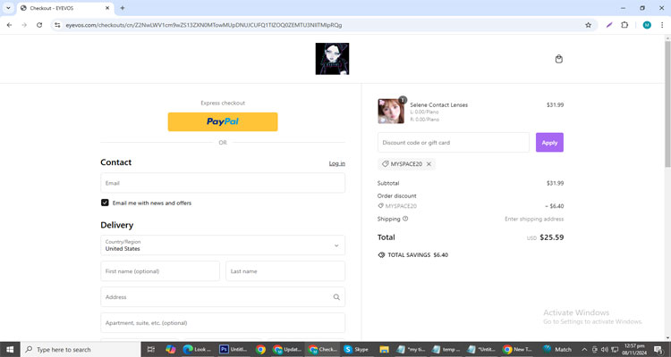 A screenshot of Eyevos checkout page of working coupon code