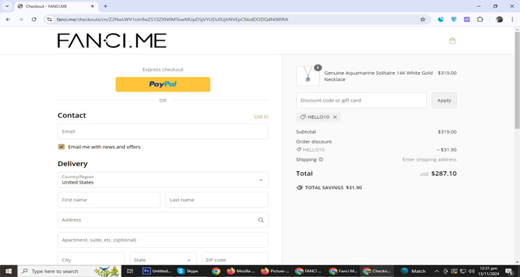 A screenshot of Fanci.me checkout page of working coupon code 