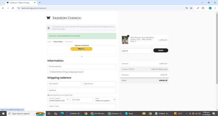 A screenshot of fashion chingu checkout page of working coupon code 