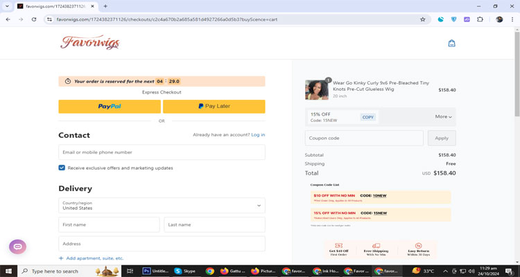 A screenshot of Favorwigs checkout page of working coupon code