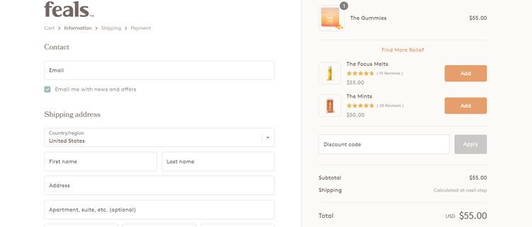 A screenshot of feals checkout page showing a working coupon code