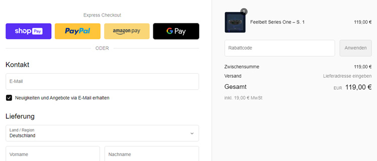 A screenshot of feelbelt de checkout page showing a working coupon code