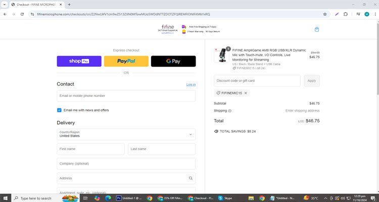 A screenshot of fifine checkout page of working coupon code