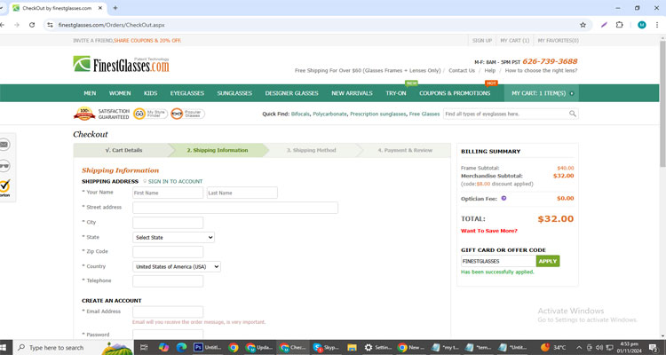 A screenshot of Finest Glasses checkout page of working coupon code 
