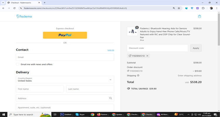 A screenshot of Fisdemosonic checkout page of working coupon code 