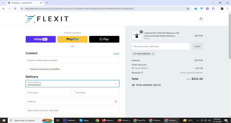 A screenshot of Flexit Fitness checkout page of working coupon code