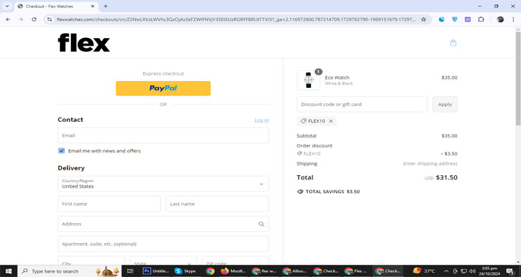 A screenshot of Flex Watches checkout page of working coupon code 