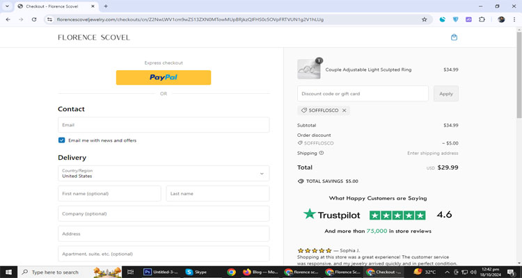 A screenshot of  Florence Scovel Jewelry checkout page of working coupon code 