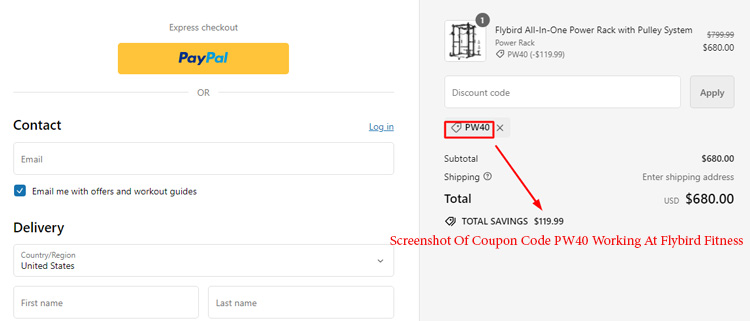 A screenshot of flybird fitness checkout page showing a working coupon code