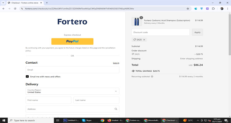 A screenshot of Fortero checkout page of working coupon code 