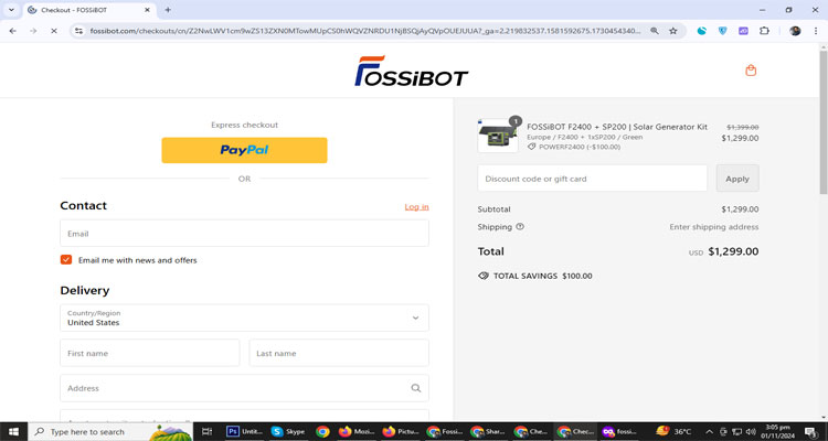 A screenshot of Fossibot checkout page of working coupon code 