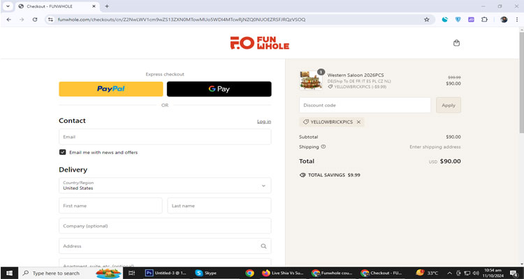 A screenshot of Funwhole checkout page of working coupon code