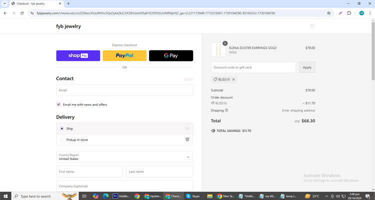  A screenshot of Fyb Jewelry checkout page of working coupon code 