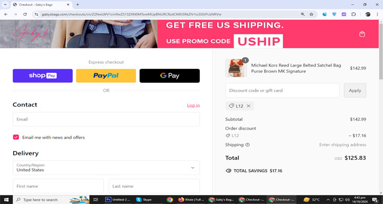 A screenshot of Gaby's Bags checkout page of working coupon code