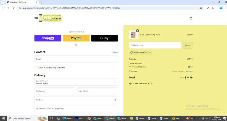 A screenshot of Gel Press checkout page of working coupon code