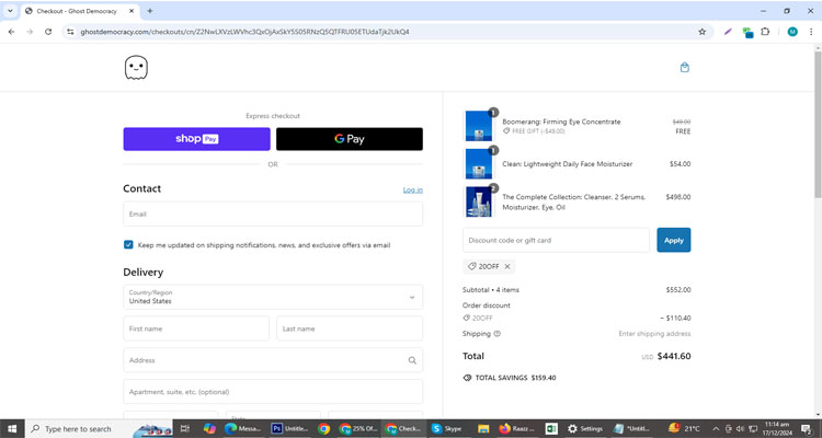 A screenshot of Ghost Democracy checkout page of working coupon code 