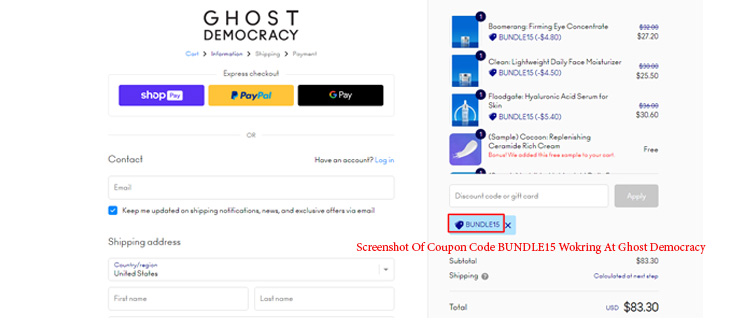 A screenshot of ghost democracy checkout page showing a working coupon code