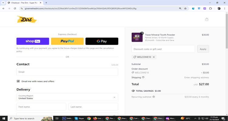 A screenshot of The Dirt checkout page of working coupon code 