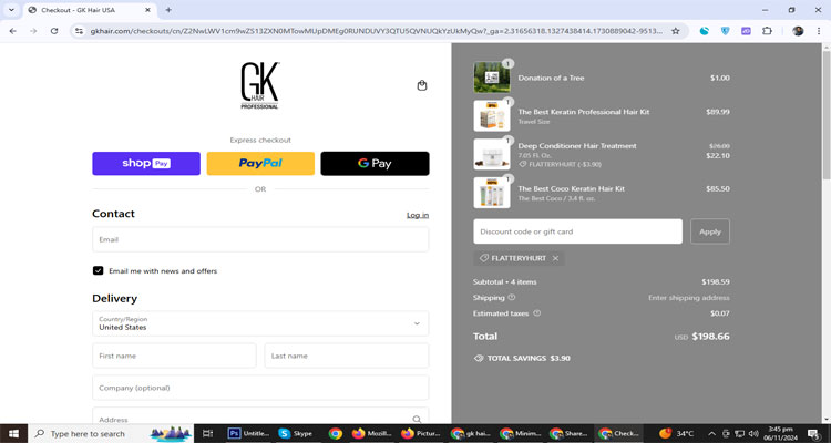 A screenshot of Gkhair checkout page of working coupon code 