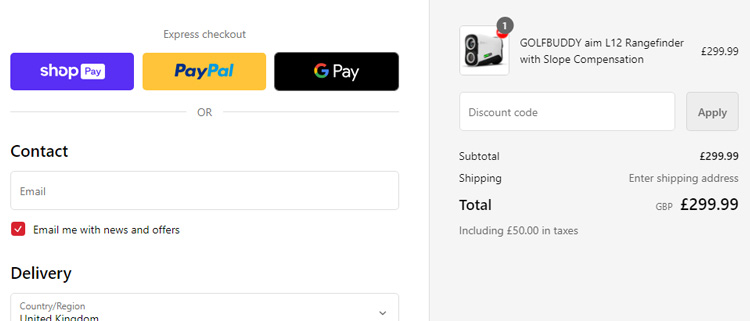 A screenshot of golfbuddy uk checkout page showing a working coupon code 