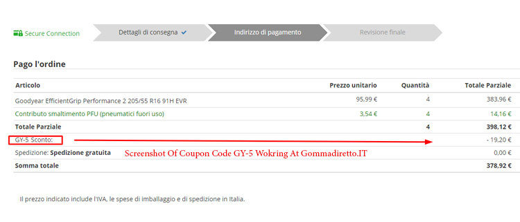 A screenshot of gommadiretto.it checkout page showing a working coupon code 