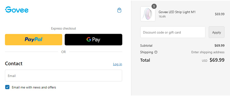 A screenshot of govee checkout page showing a working coupon code 