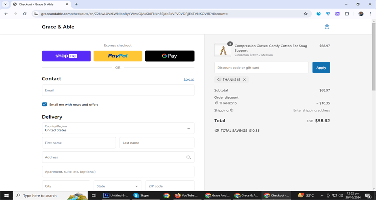 A screenshot of Grace And Able checkout page of working coupon code 