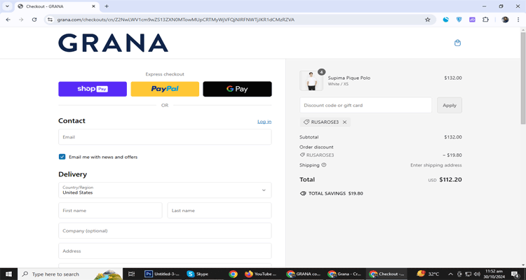 A screenshot of GRANA checkout page of working coupon code 