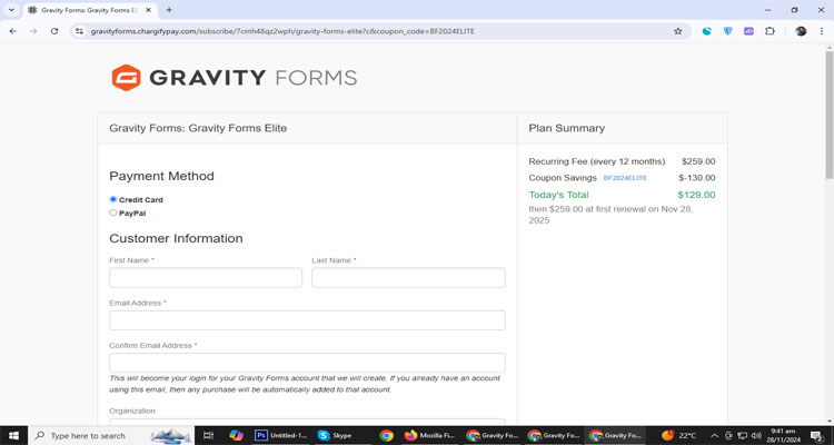 A screenshot of gravity forms checkout page of working coupon code 