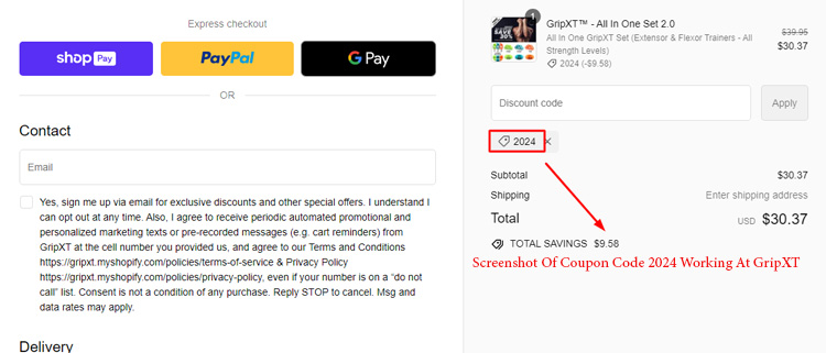 A screenshot of gripxt checkout page showing a working coupon code 