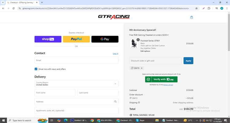 A screenshot of Gtracing checkout page of working coupon code 