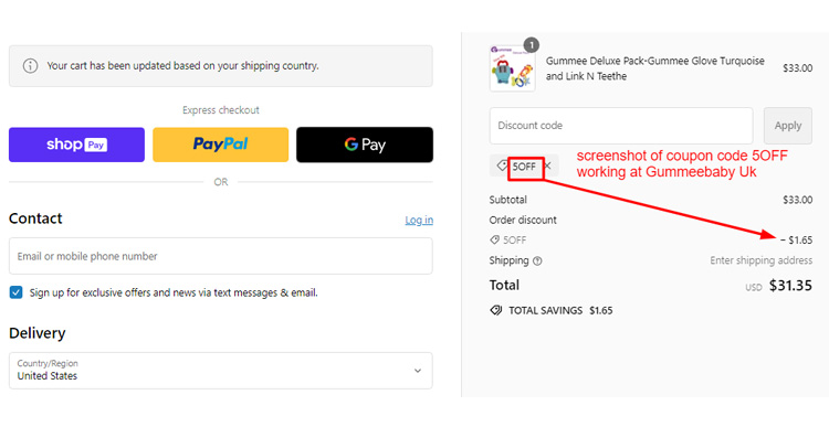 A screenshot of Gummeebaby Uk checkout page with a working coupon code