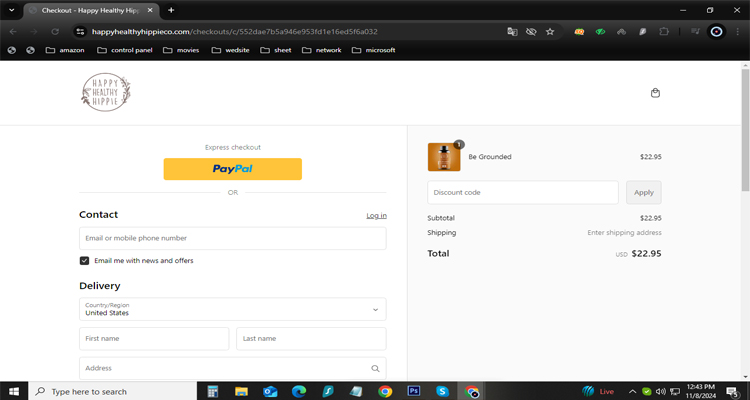 A screenshot of the Happy Healthy Hippie checkout page with a working discount code