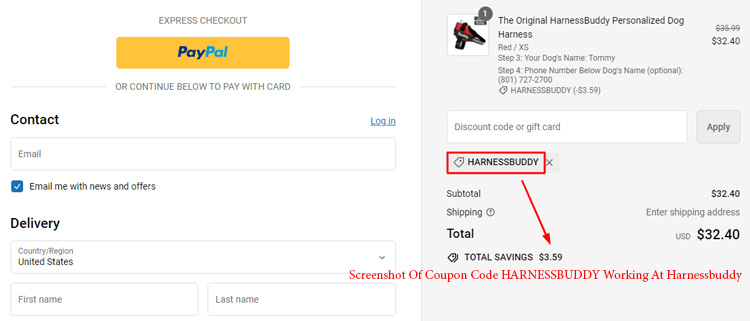 A screenshot of harnessbuddy checkout page showing a working coupon code 