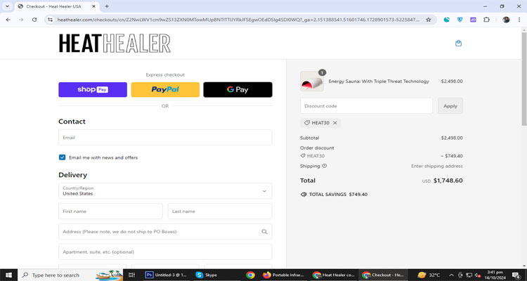 A screenshot of Heat Healer checkout page of working coupon code 