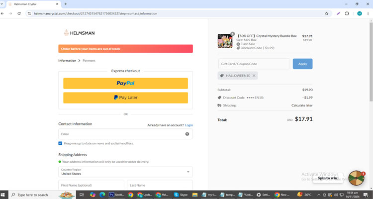 A screenshot of Helmsman Crystal checkout page of working coupon code 