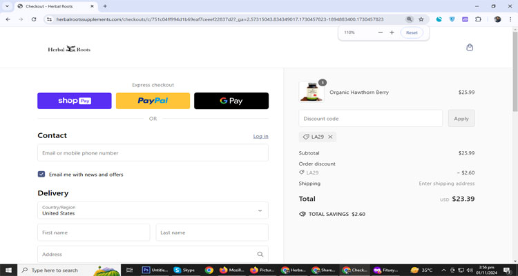 A screenshot of Herbal Roots checkout page of working coupon code 