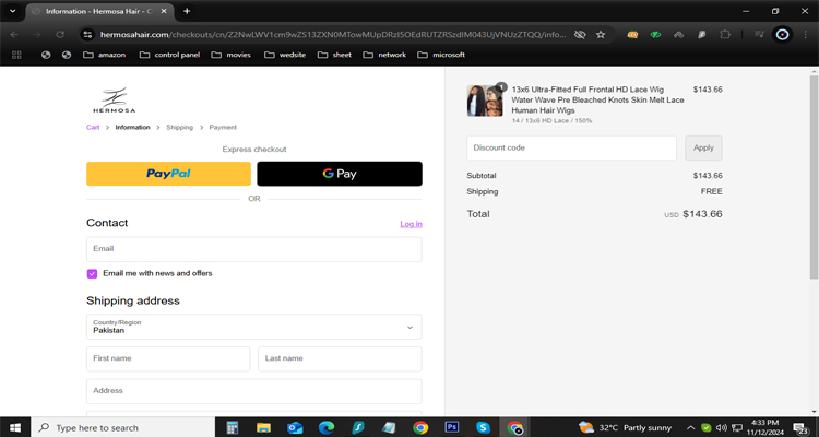 A screenshot of the hermosahair checkout page with a working discount code